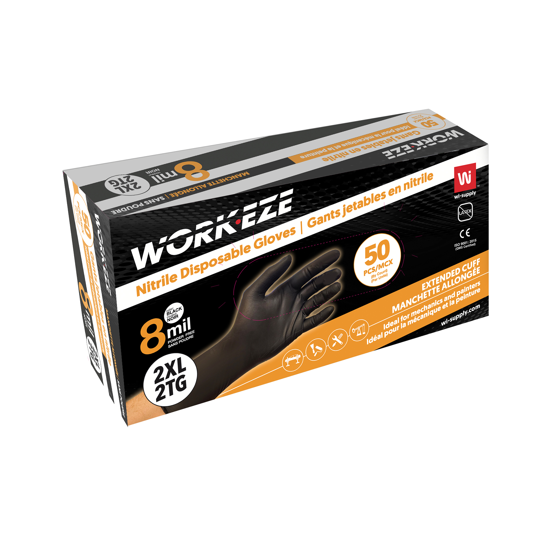 Tennier - Black 8 mil Industrial Nitrile Gloves w/Extended Cuff - Medium
